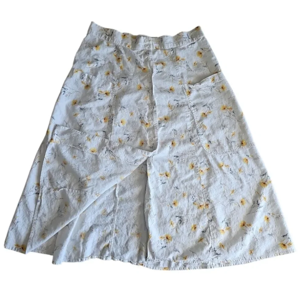 Happy Nature Linen Blend Floral Skirt Women’s 14 Cream Yellow Midi Cottagecore